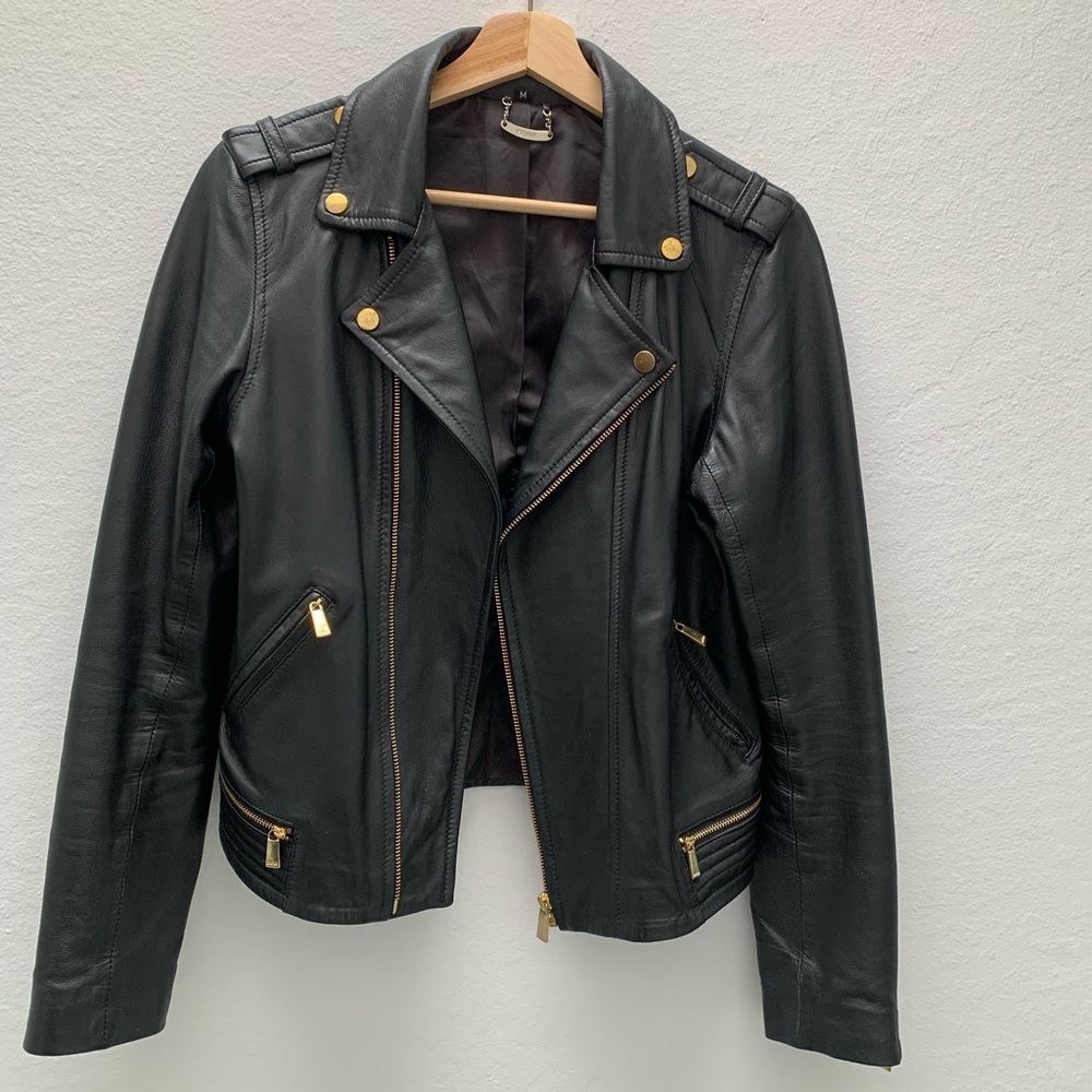 Black lambskin leather biker jacket, brass hardware, medium, by Prune